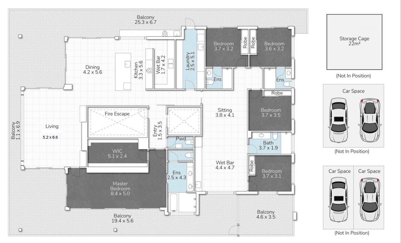 Floorplan of 601/25 Swinburne Street: five bedrooms in two wings, wraparound balconies, four car spaces and storage cage